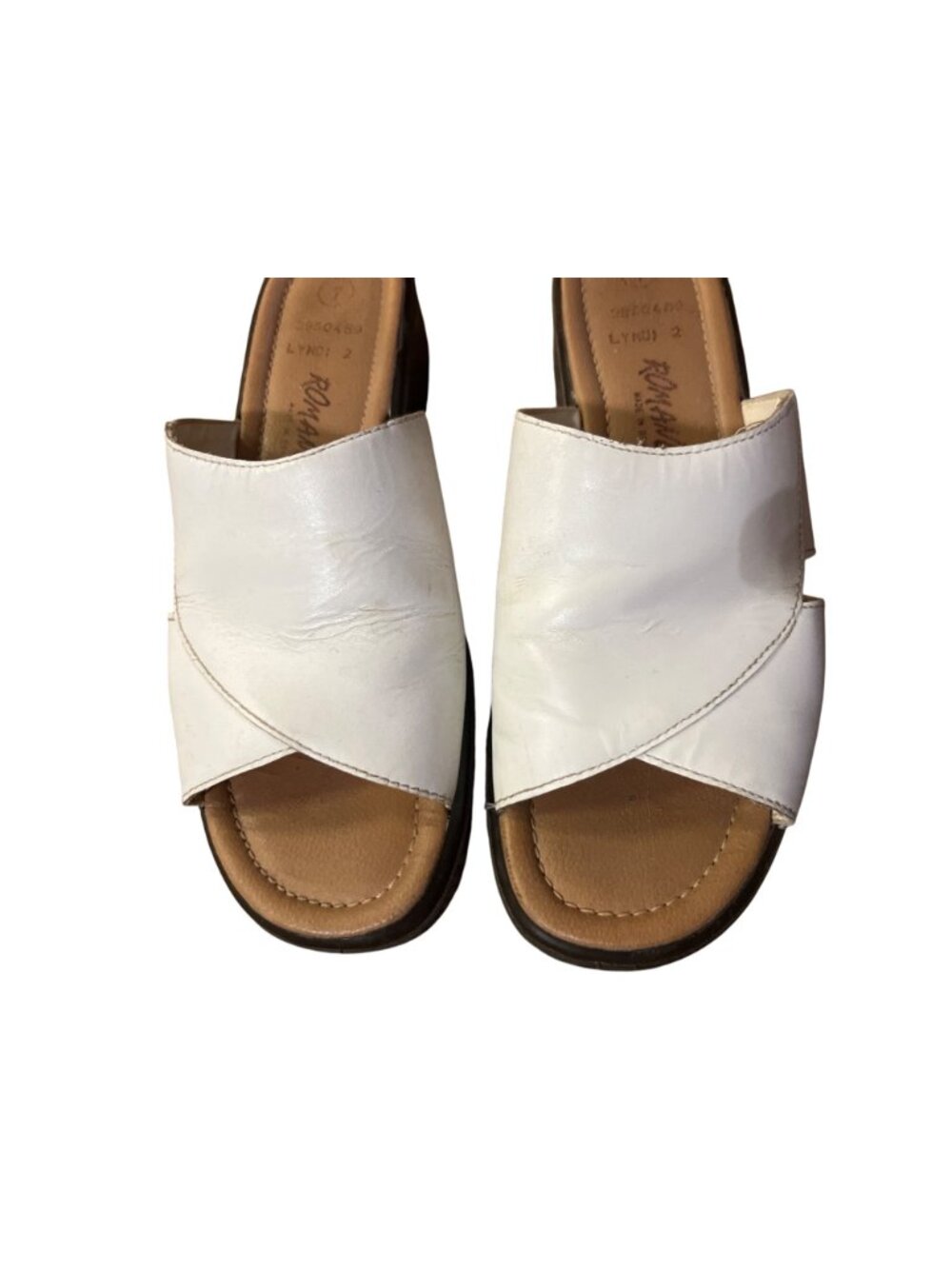 Vintage Romano White Leather Crossover Slide Sandals Block Heel Women's 7 Used - Picture 3 of 16